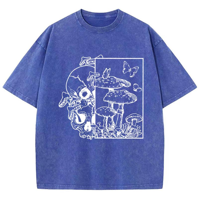 

Skeleton Growing In Mushrooms Butterfly Print Washed T Shirt Women Summer Clothes Trendy O-Neck Tops Cotton Streetwear S