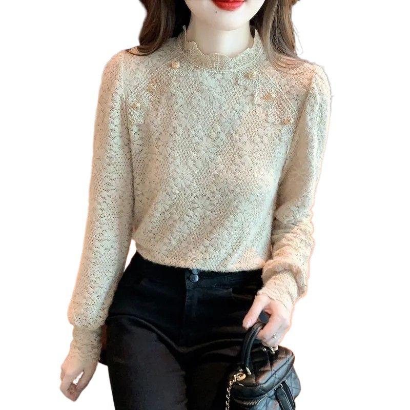 Herbst- und Winter-Flock-Spitzen-Pullover, Damen-Halbhoher Kragen Fleece-Basisschicht, Stilvolle Damen-Innenschicht, Damen-Oberteil