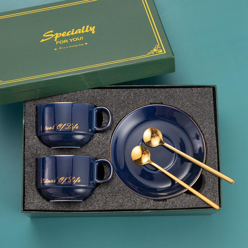 

European Ceramic Coffee Cup & Saucer Set - Elegant Couple s Teacup Gift Box for Afternoon Tea Blue 2 Cups, 2 Saucers & 2 Spoons (Gift Box)