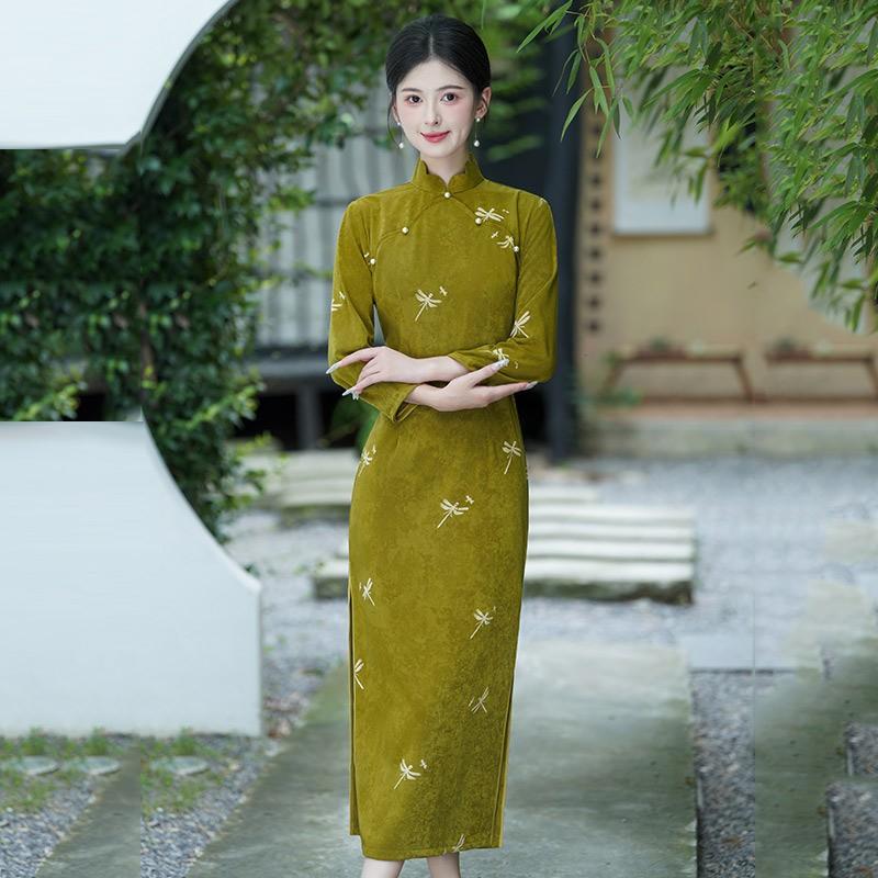 Elegant Vintage-Inspired Long Sleeve Cheongsam Dress Women Acetate Fabric Fitted Waist Wear Small