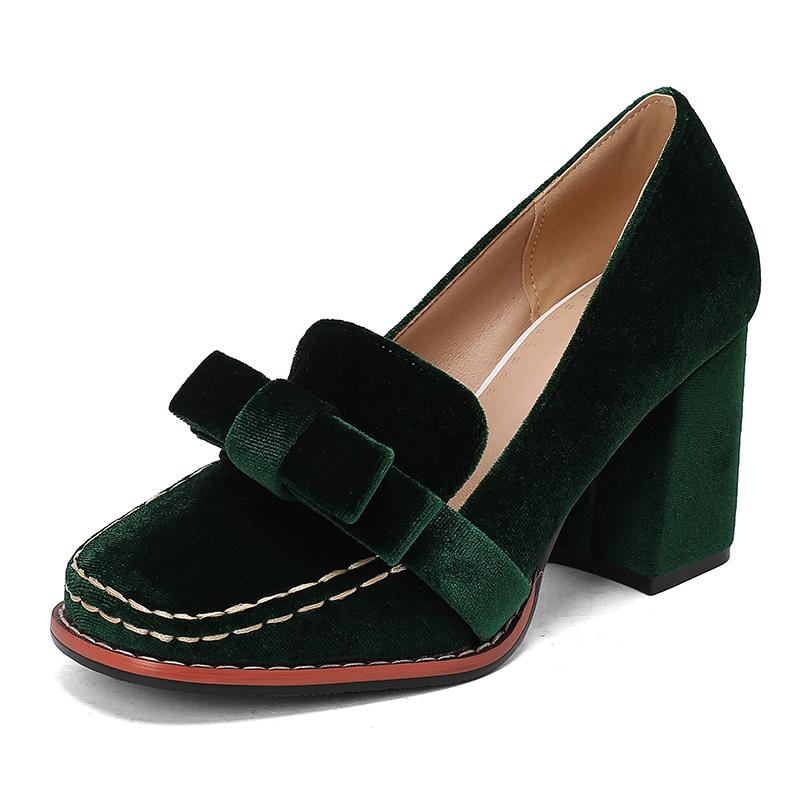 

Матовый бархатный материал Квадратный носок Декоративная отстрочка Декоративный бант Туфли-лодочки с мелким вырезом Женские туфли на очень высоком толстом каблуке Элегантные благородные туфли 39 зелёный