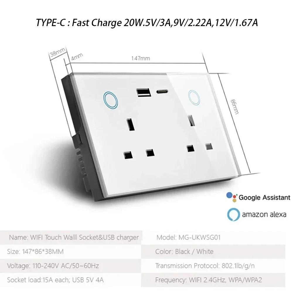 Melery Smart Tuya WiFi Dual UK Socket USB Type-C PD 20W Touch Control,Voice Controls Electricity Monitoring, Alexa Google Home