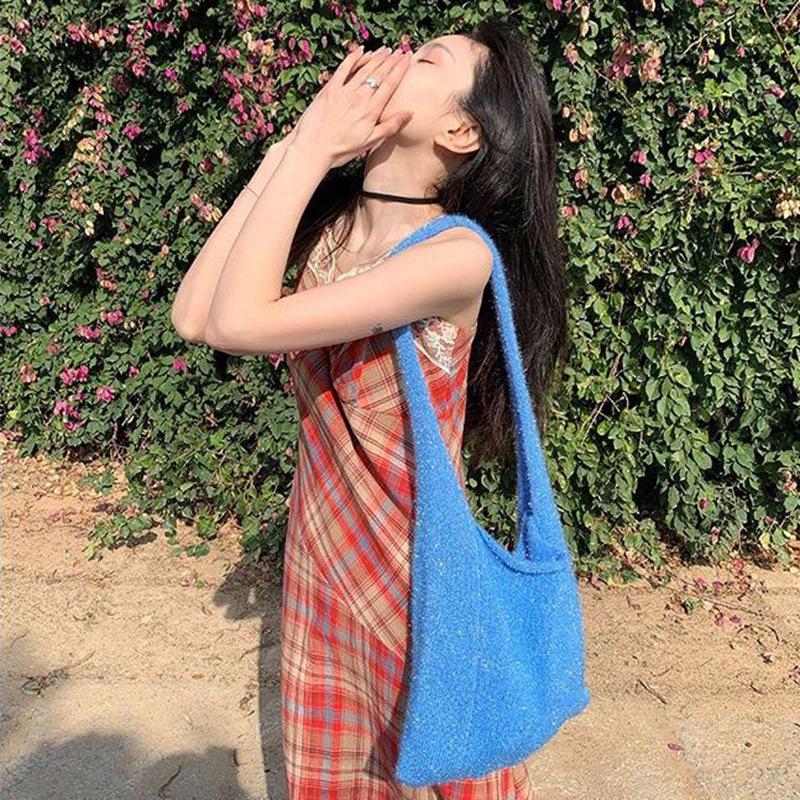 Lined French Lace Plaid One-Shoulder Camisole Dress with Cinched Waist for Women