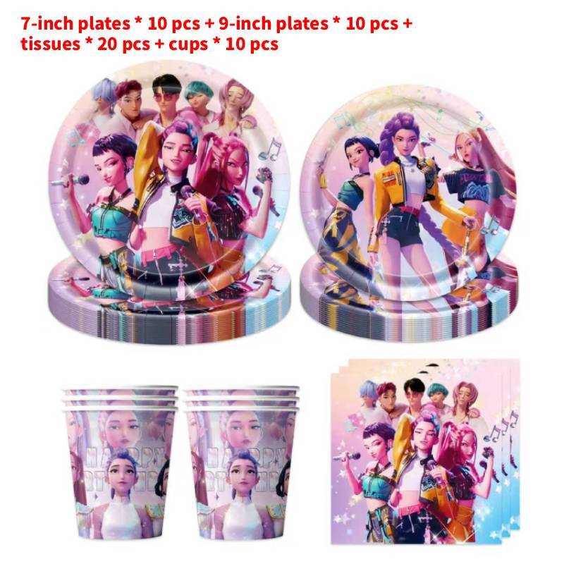 K Pop Demon Hunters Party Paper Plates Cups Napkins Set With Balloons For Birthday Celebration