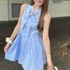 French fresh and sweet blue sleeveless plaid dress summer Japanese new bow temperament pleated short skirt