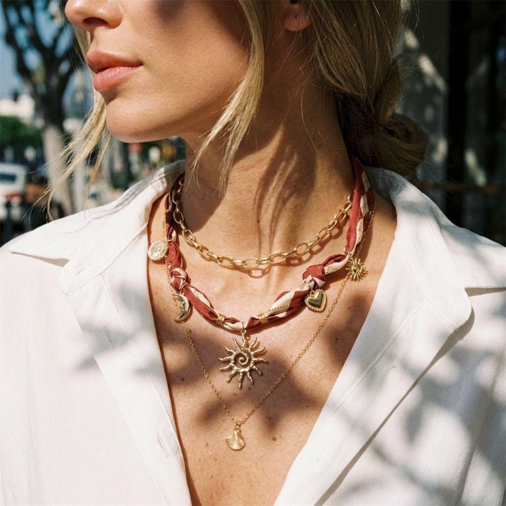 Sea Star Scarf Necklace Seashell Bohemian Style Necklace Trendy Beads Chain Choker Gold Jewelry