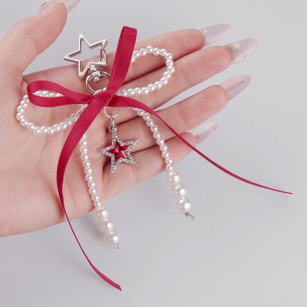 Versatile Multi-Color Webbing Faux Pearl Bow Rhinestone Star Keychain Charm