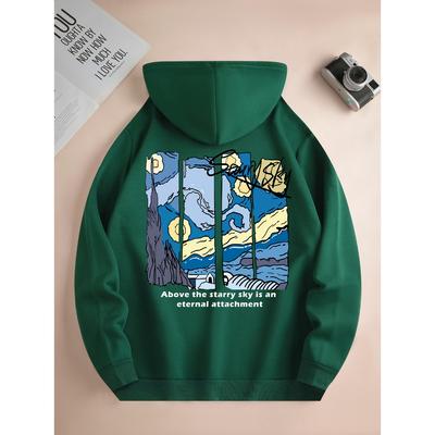 Men's Fashion Hoodie, Casual Daily Drawstring Hooded Sweatshirt, Wave Print, Front Kangaroo Pocket, Men's Jacket