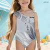 Costume da bagno intero da bambina a spalla singola con volant, costume da bagno grigio stampato