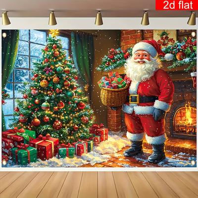 1 Merry Christmas Photography Background Banner - Santa Claus and Christmas Tree Design, with 4 Holes for Easy Hanging
