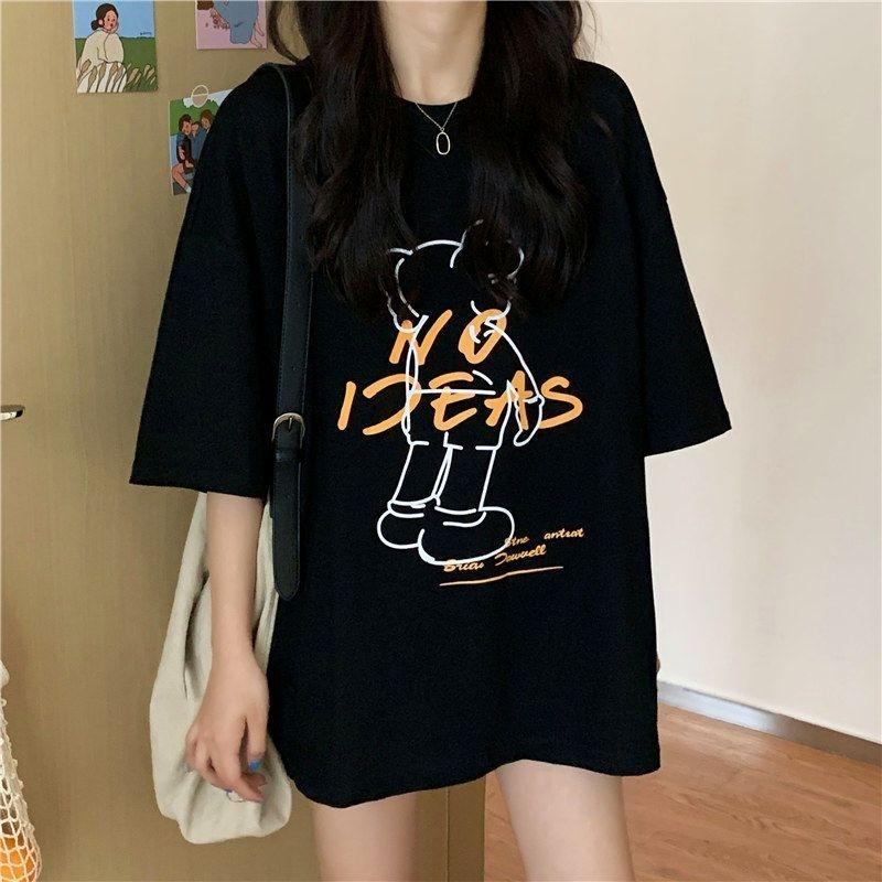 Plus Size Cotton T-Shirt Summer Lazy Style Short Sleeve Women's Top Couple Matching Loose Fit Casual Cartoon Print Tee 90kg Wear