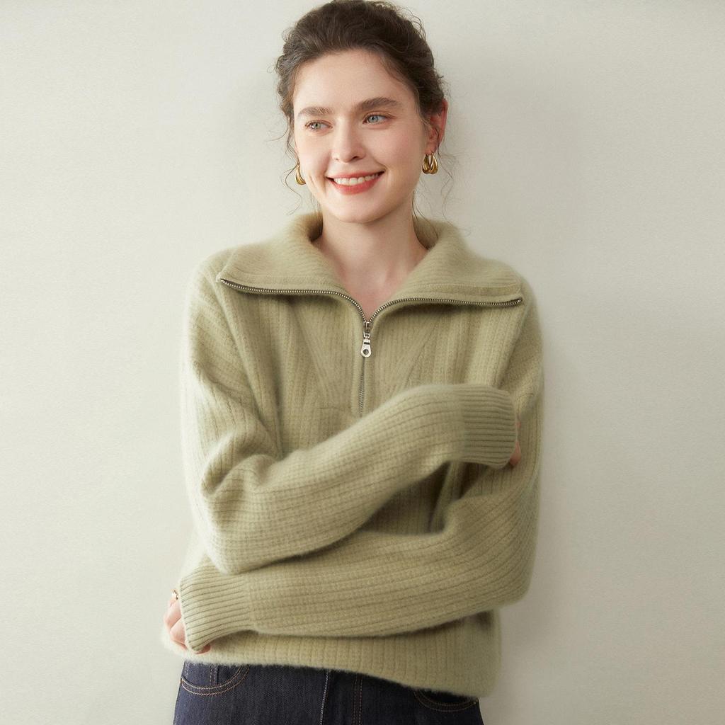 Women's Cashmere Stand Collar Zipper Sweater - Loose Fit Pullover & Cardigan