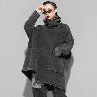 Loose Fit Black Denim Big Size Sweatshirt High Collar Long Sleeve Women Big Size Spring Autumn Coat