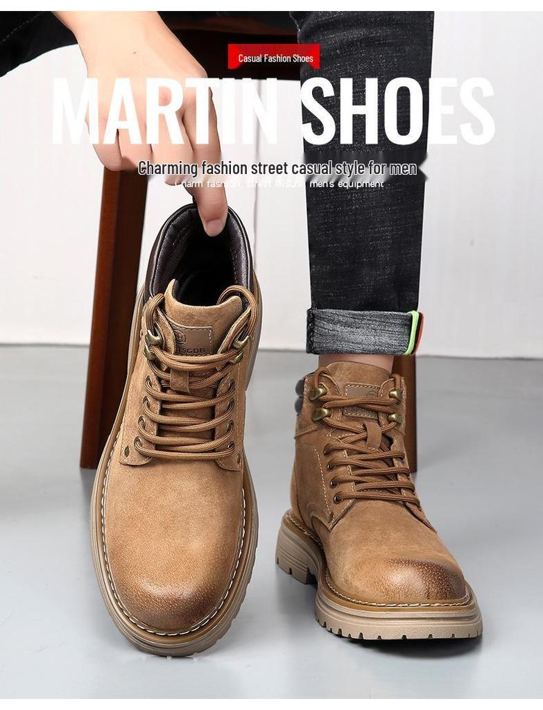 Men's High-Top Warm Genuine Leather Martin Boots - Yellow, Casual Outdoor Hiking & British Work Style for Autumn/Winter