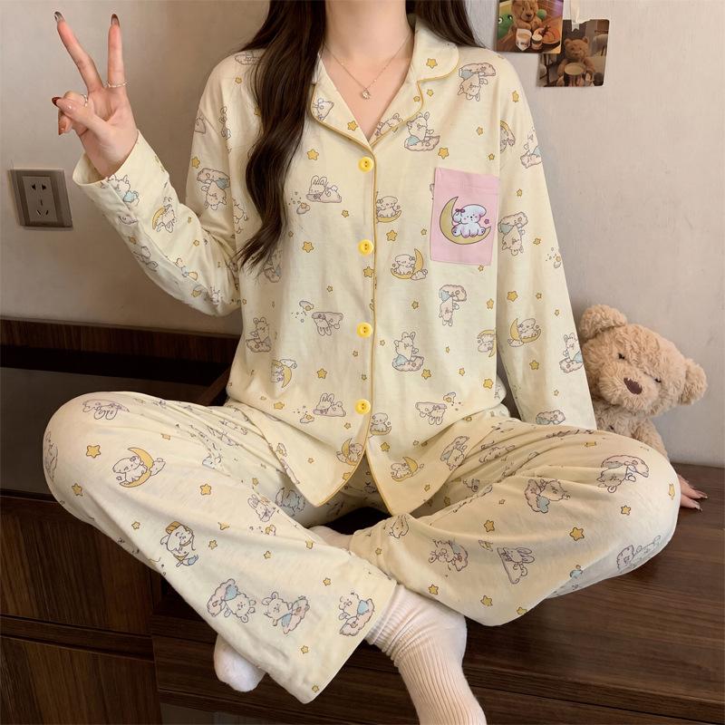 Cute style rabbit pure cotton pajamas women's spring and autumn long-sleeved thin cotton student casual loungewear set