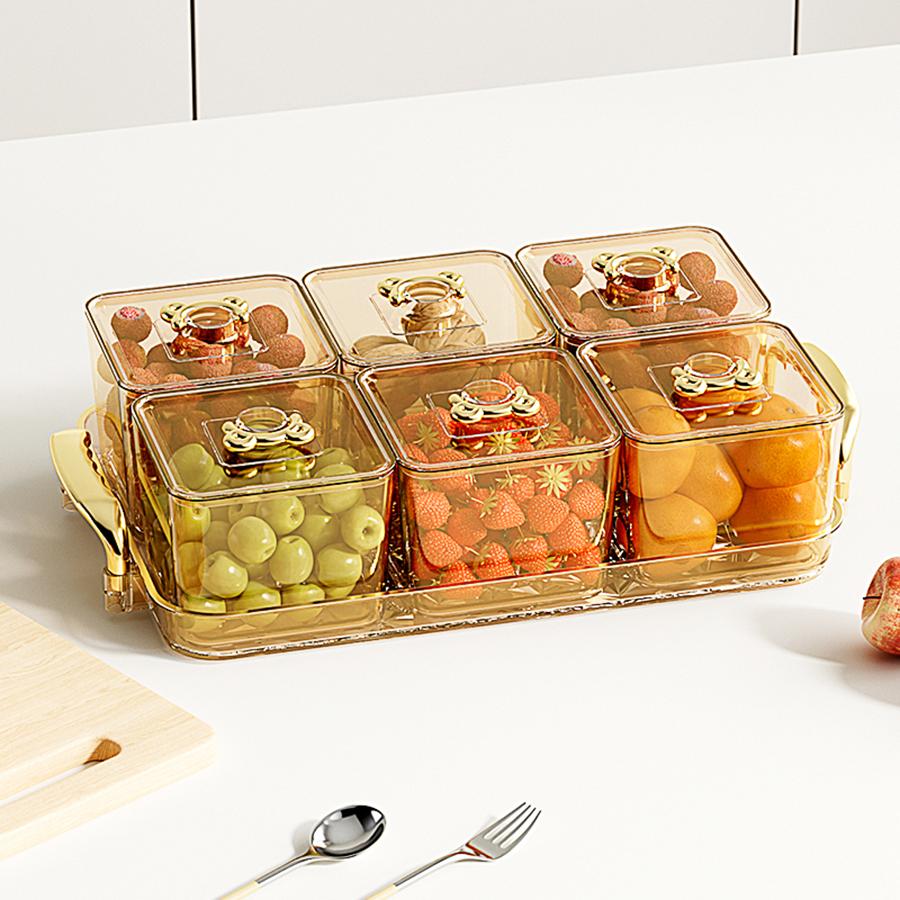 Mehrkammer-Kunststoff-Serviertablett mit zwei Griffen, versiegelte, feuchtigkeitsdichte Aufbewahrungsbox für Snacks und Trockenfrüchte, Küchen-Obstschale