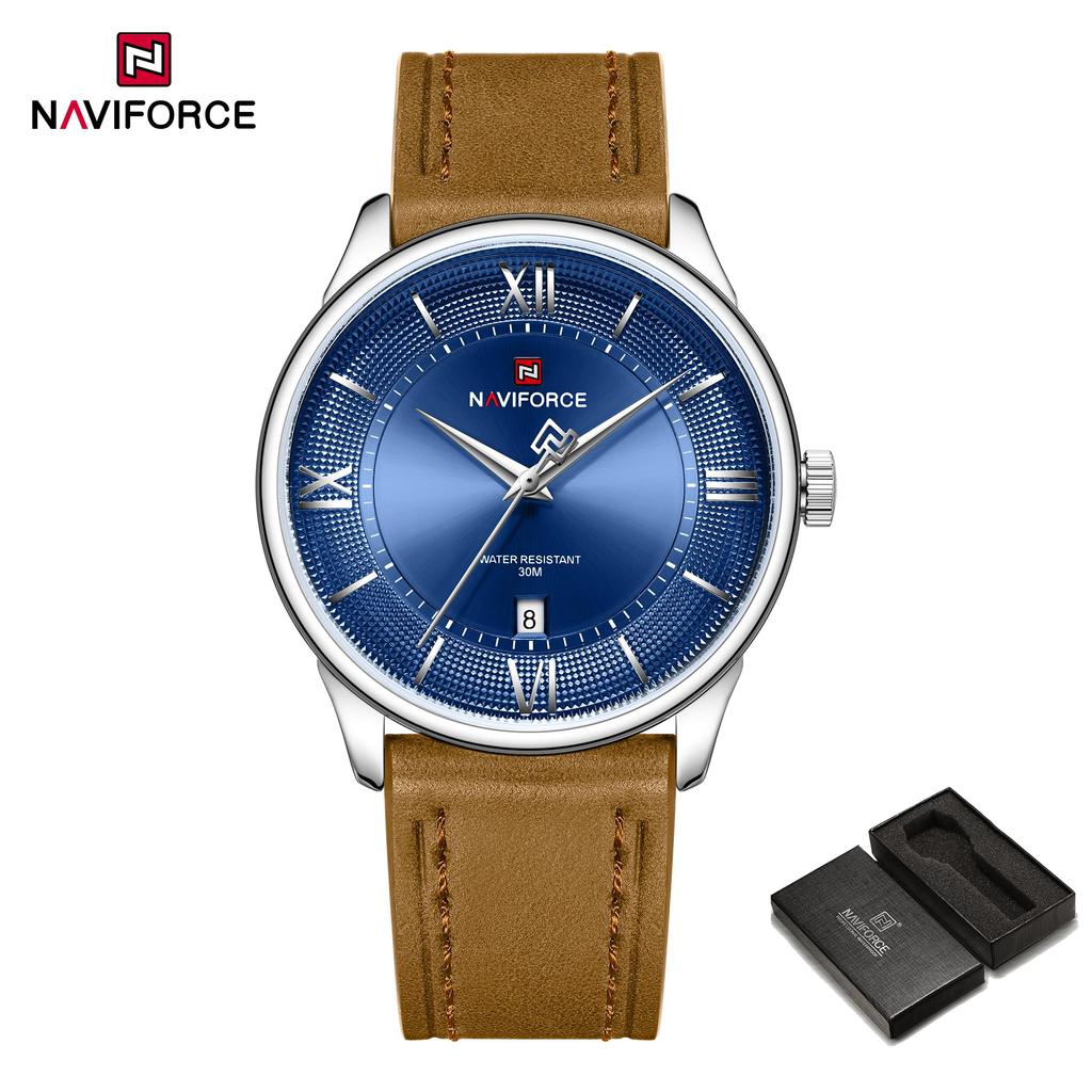 Naviforce Original Men Simple Quartz Watch Genuine Leather Strap 30m Waterproof Calendar Daily Casual Men Watch Gift NF9272L