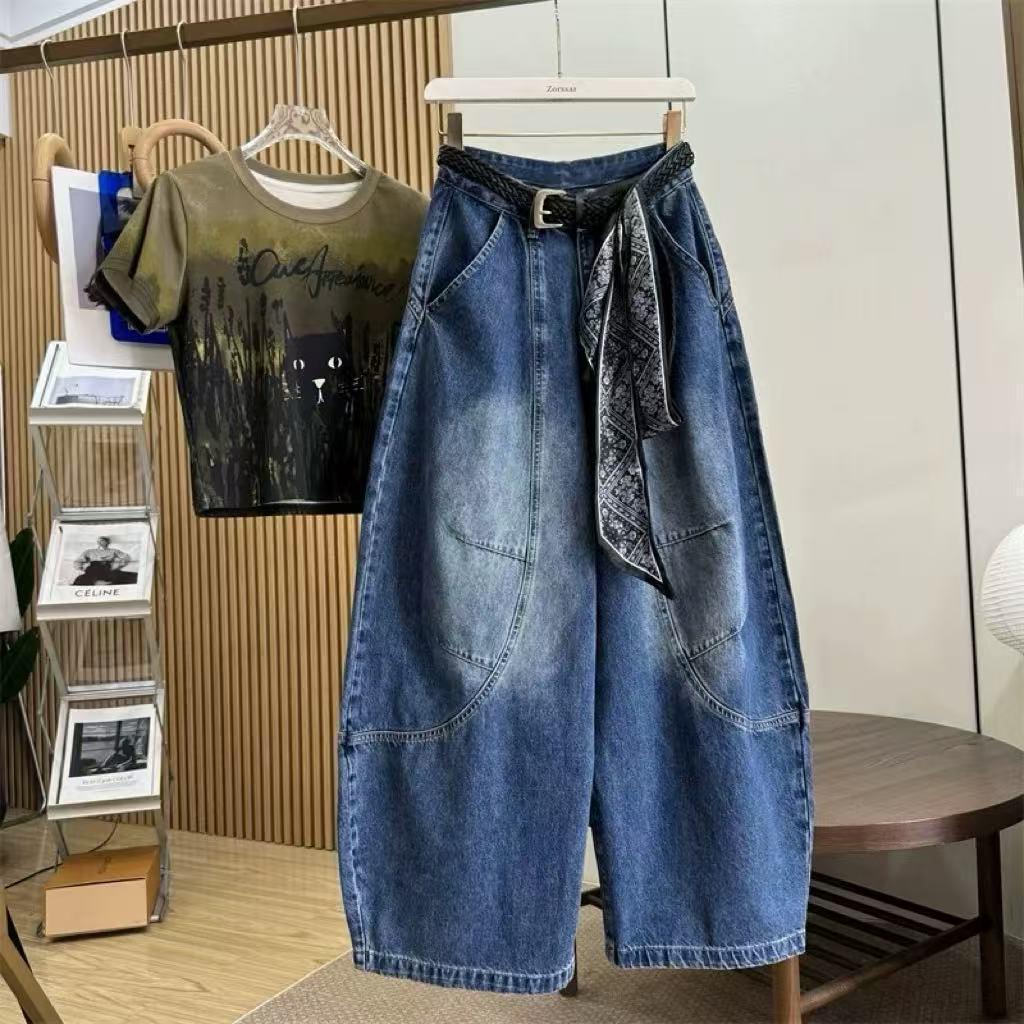 

2025 High-End European Style Men s Spring/Autumn Jeans: High-Waist, Straight-Leg, Loose, Slimming, Wide-Leg Pants with Silk Scarf Accent