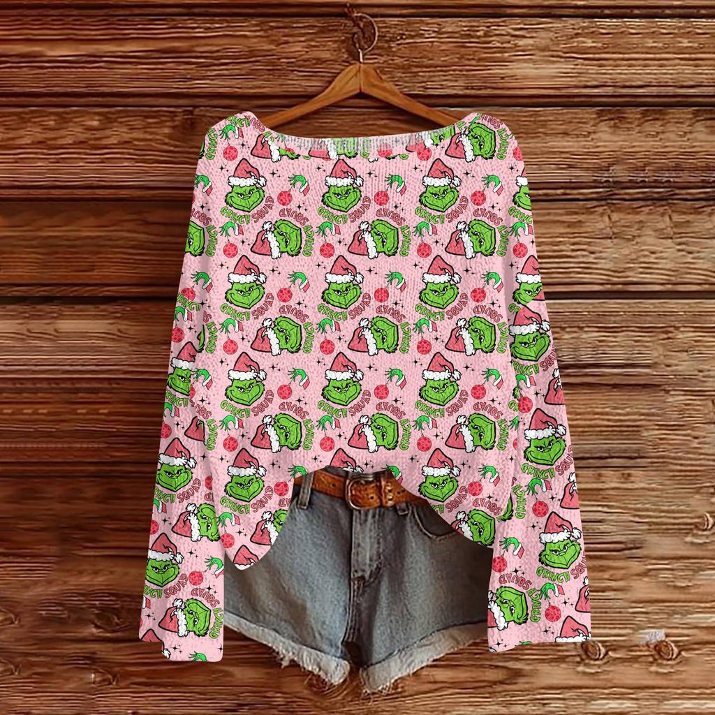 Women's Round Neck Lightweight Sweater Casual Long Sleeve Christmas Print Knit Pullover.