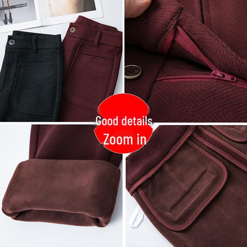 High-Waisted Angora Wool-Blend Straight-Leg Pants - Red, Thickened for Winter 2024