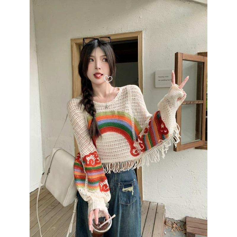 Rainbow hollow women's sweater Crochet lace colored knitted sweaters Spring Autumn Stacked Woman Trendy Fashion Loose Top