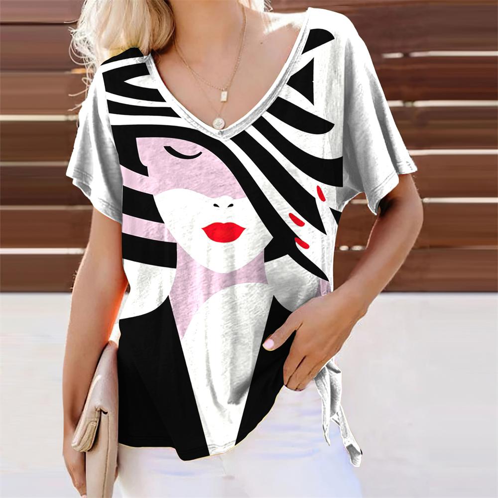 Anime Face Graphic Girl 3D Print T-shirts Women Retro Streetwear V-Neck T Shirt Harajuku Oversized Tops Tees Woman Clothing
