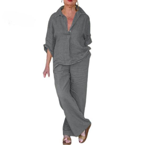 2Pcs/Set Classic 3/4 Sleeve Anti-pilling Casual Outfit Women Shirt Top Loose Long Pants Set Daily Garment