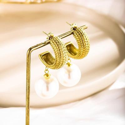 Personalized Retro Gold-Plated Titanium Steel Faux Pearl Earrings for Women - European American Light Luxury Fashion Jewelry.