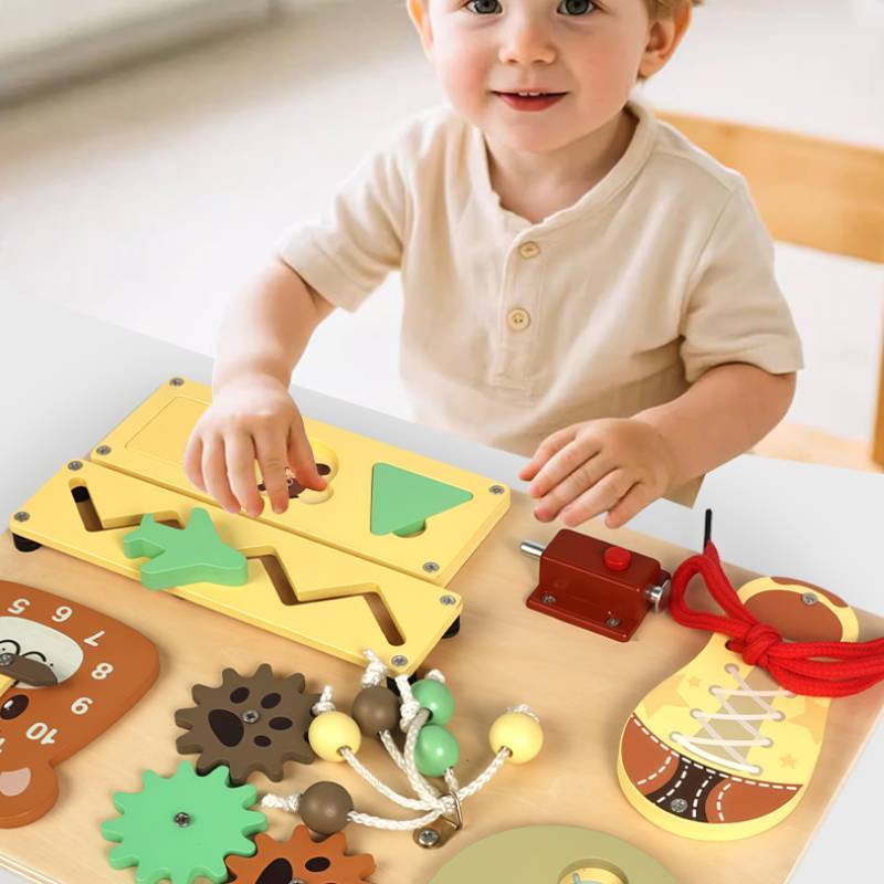 Multifunctional Montessori Busy Board Wooden Logic Thinking Toy For Toddlers