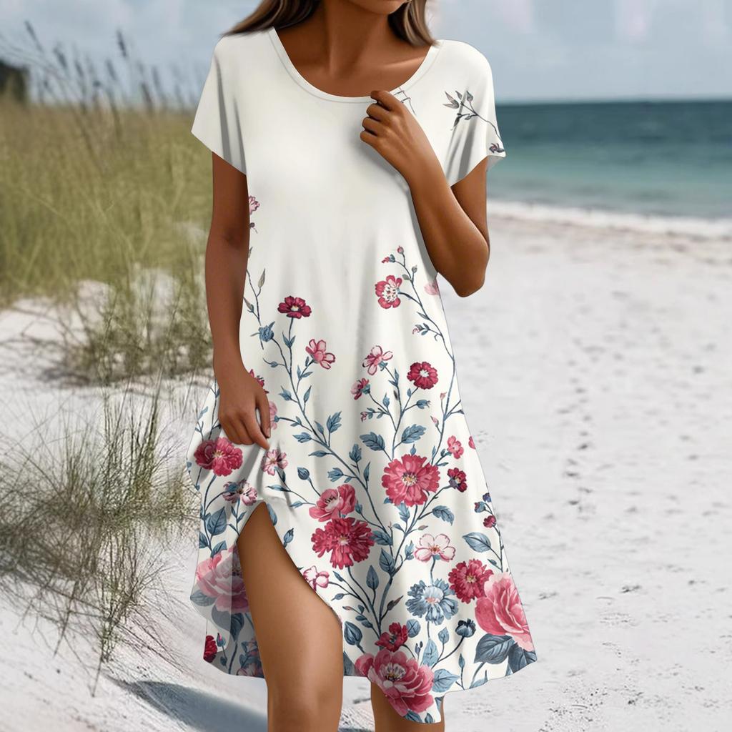 Short Sleeve Boho Dress For Women Casual Loose Fit Summer Sundress Floral Print Dress With Pockets