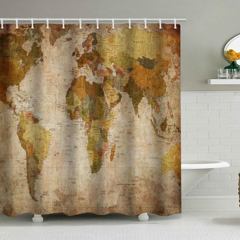 Tende da Doccia Mappa del Mondo con Ganci Stile Vintage Decorazione Accessori Decorazione Bagno Tessuto Poliestere Multicolore