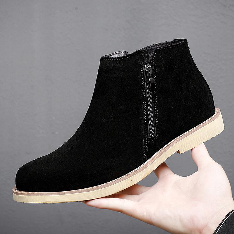 Fashion Italian Genuine Leather Men Boots Business Winter Zipper Slip On British High Boot Mens Cowhide Pointy Boots Suede Chelsea Boots