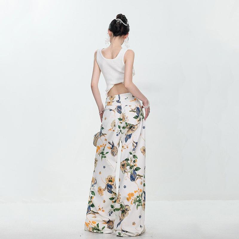 Amerikanischer Stil Vintage Sommer Damen Straight Jeans Druck Taschen Hohe Taille Mode Lässig Locker Weites Bein Loch Weiß Hosen