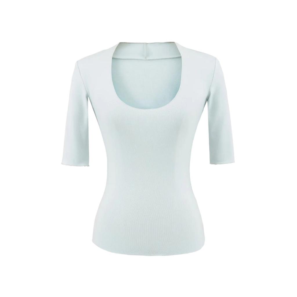 Women's Scoop Neck 3/4 Sleeve Slim Fit T Shirt Solid Color Basic Crop Top Casual Tee
