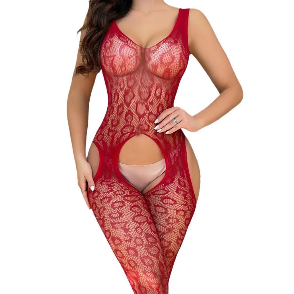 Sexy Leopard Jacquard Fishnet Backless Bodysuit with Open Crotch