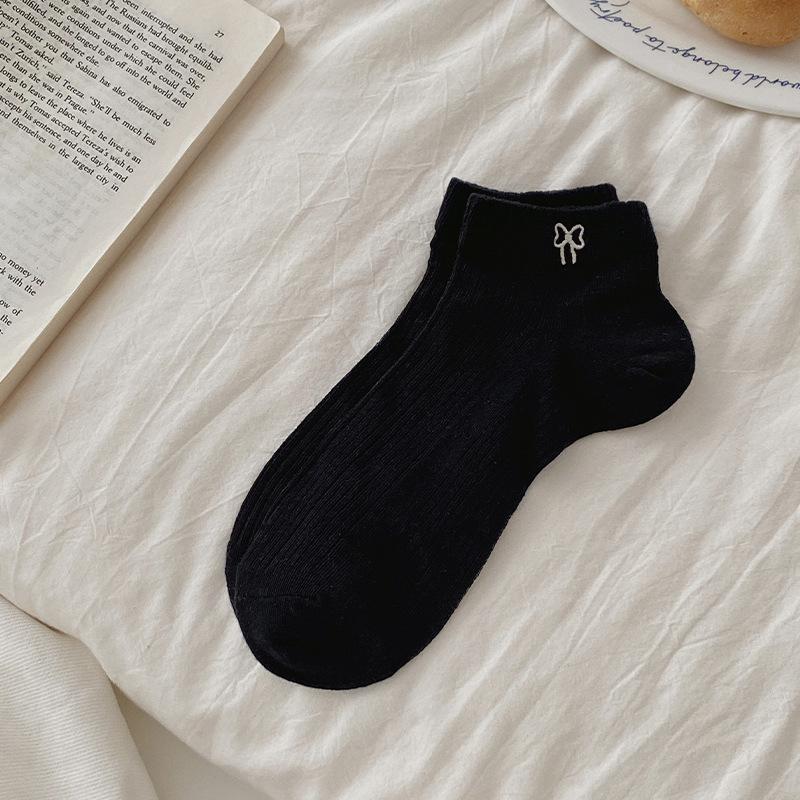 Versatile Embroidery Simple Socks Korean Socks Girl Thin Cotton Shallow Mouth Solid Color Bow Boneless Breathable