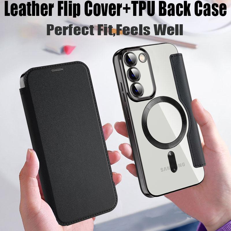 Leather Flip Cover Electroplat Silicone TPU Case For Samsung Galaxy S23 Ultra Plus Magnetic Wireless Charging Lens Glass Film