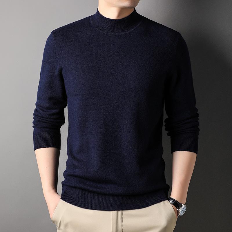 Machine Washable Thickened Full Wool Men's Half Turtleneck Sweater Versatile Solid Color Warm Knitted Base Sweater Men