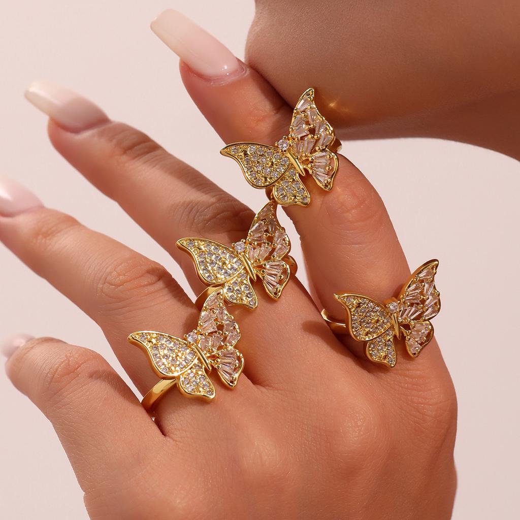 Nivora Stereoscopic Zircon Butterfly Open Rings For Women Girls PVD Gold Plated Copper Engagement Index Finger Wedding Zircon