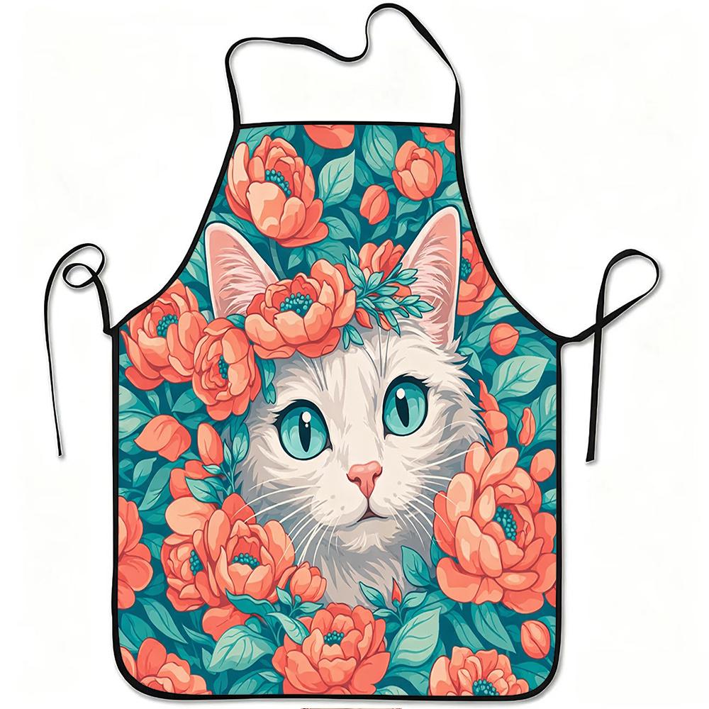 1pc White Cat And Coral Peony Floral Print Apron, Durable And Easy to Clean, Adjustable Waistband, Polyester Material, for Kitchen Cooking, Gardening,