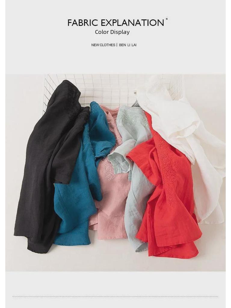 Dam Broderad Bomull & Linne V-ringad Kortärmad Lös Pullovertopp