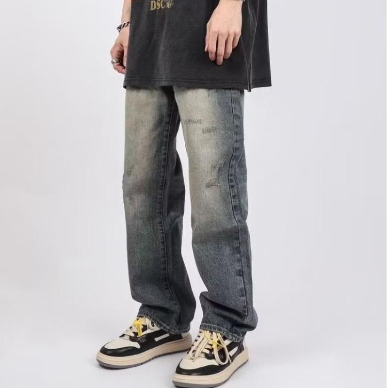 American retro jeans men's spring and autumn high street straight loose wide legs trendy brand heavy drape pants trend