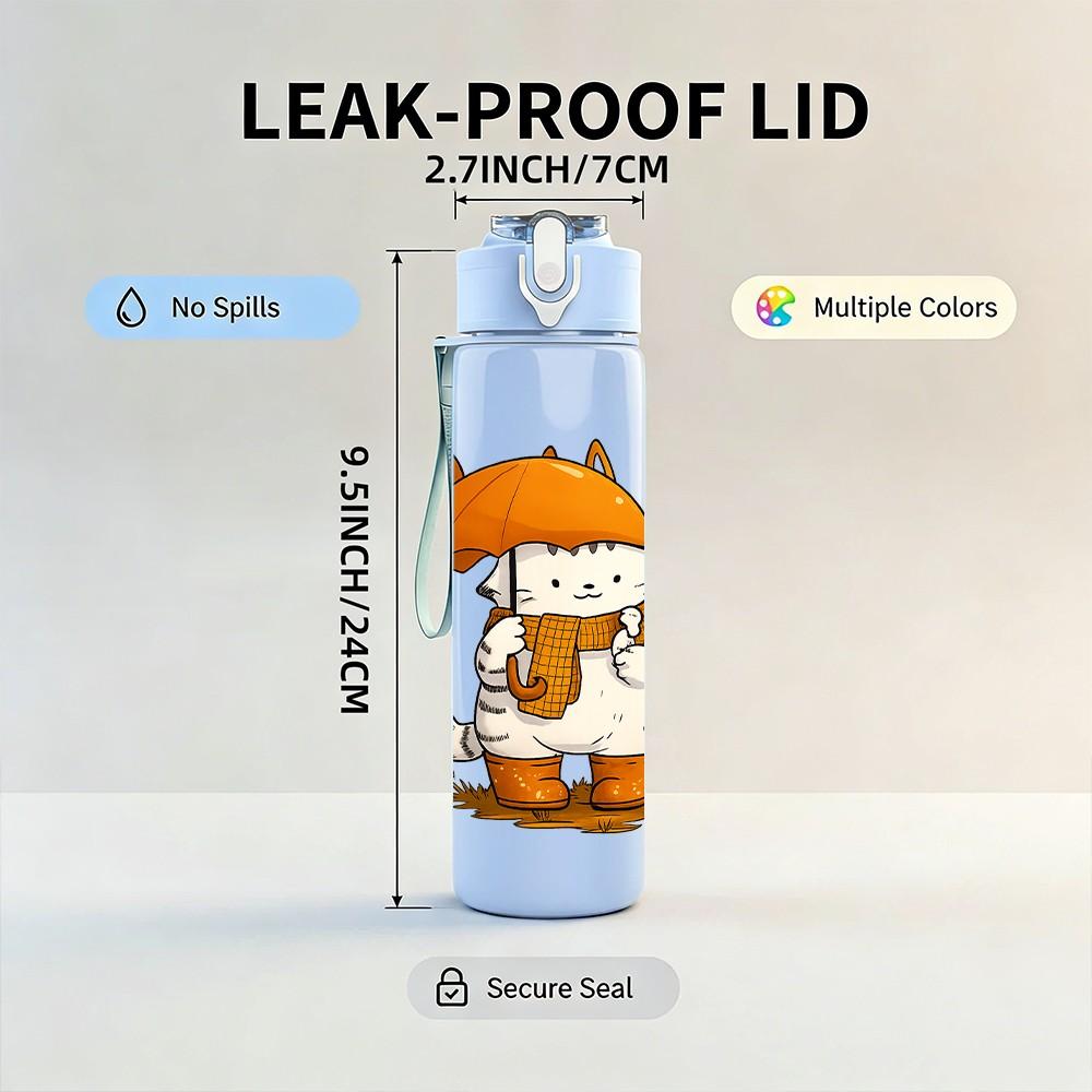 1PC Umbrella Cat Cartoon 750ml Color Plastic Sports Water Bottle Leakproof Flip Straw Lid Suitable for Sports Office Home Use