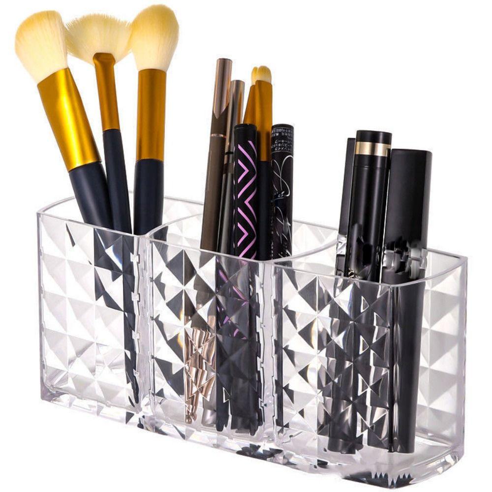 Transparent Makeup Brush Storage Bucket Acrylic Triple Grid Acrylic Cosmetic Organizer Multifunction Pen Stand Desk Pen Holder