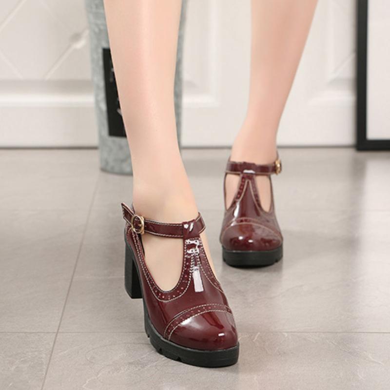 Høst Damer Retro Rund Ankelspenne Dames Høyhælsko Mykt Skinn Mary Janes Plattform Pumps Arbeid Mamma Dansesko