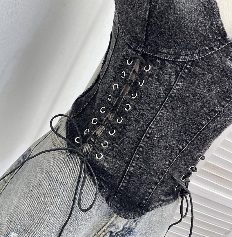 Denim Halter Crop Top: Punk Lace-up Sleeveless Slim Fit