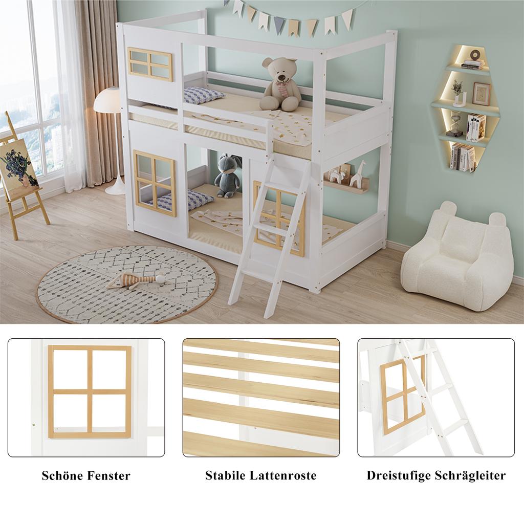 Bunk Bed, Children's Bed, With Beautiful Windows, Sturdy Ladder, With Four-Sided Fencing, Pine + MDF + Plywood, White+Natural, 90x200cm