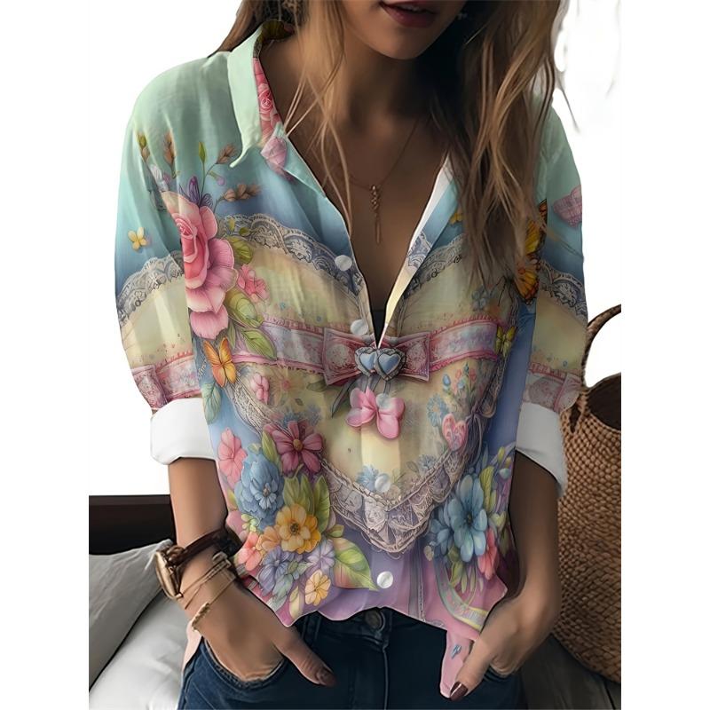 Damen Revers Hemd Tops Lässig Langarm Knöpfe Hemden Damen Tops Lustiges Katzenmuster Damenhemden Damen