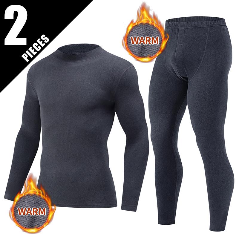 2-piece Autumn And Winter Men's Mid Neck Warm Long Sleeved Pants Set Casual Plus Size Solid Color Versatile Sports Base Shirt