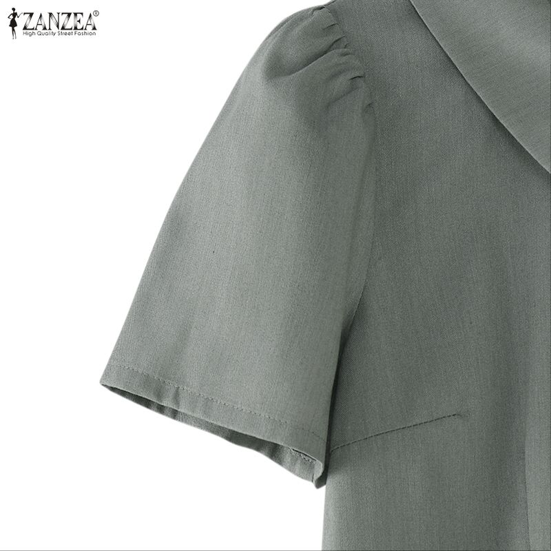 ZANZEA Womens Casual Lapel Collar Solid Color Short Sleeve Elegant A-line Dress
